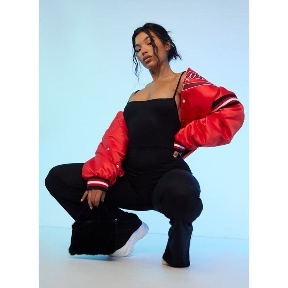 PLT NWT Medium Black Ribbed Strappy Square Neck Flared Jumpsuit Streetwear Chic